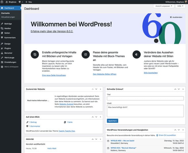 Das Dashboard in WordPress