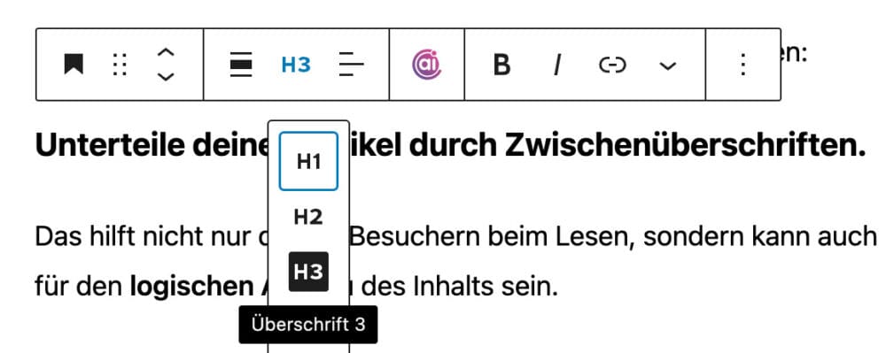 Text formatieren in Gutenberg: h3