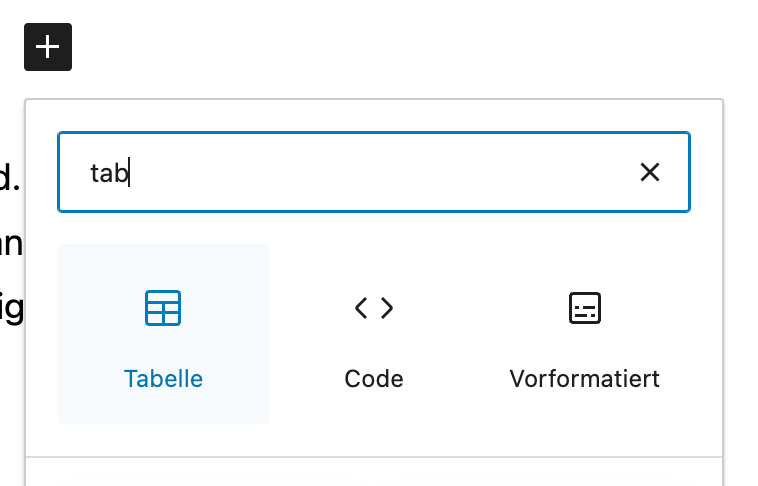 Tabelle einfügen in Gutenberg